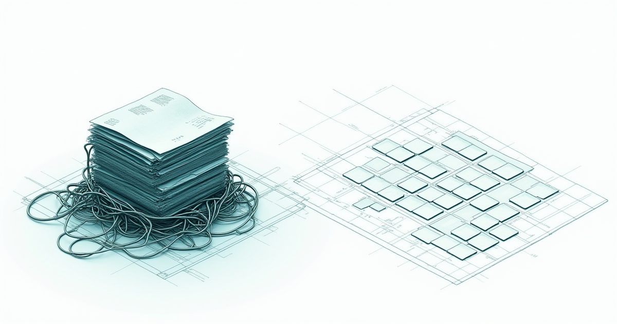 Schematische Darstellung: links ein Stapel Papierakten mit Kabelgewirr, rechts dieselben Informationen als geordnetes Raster