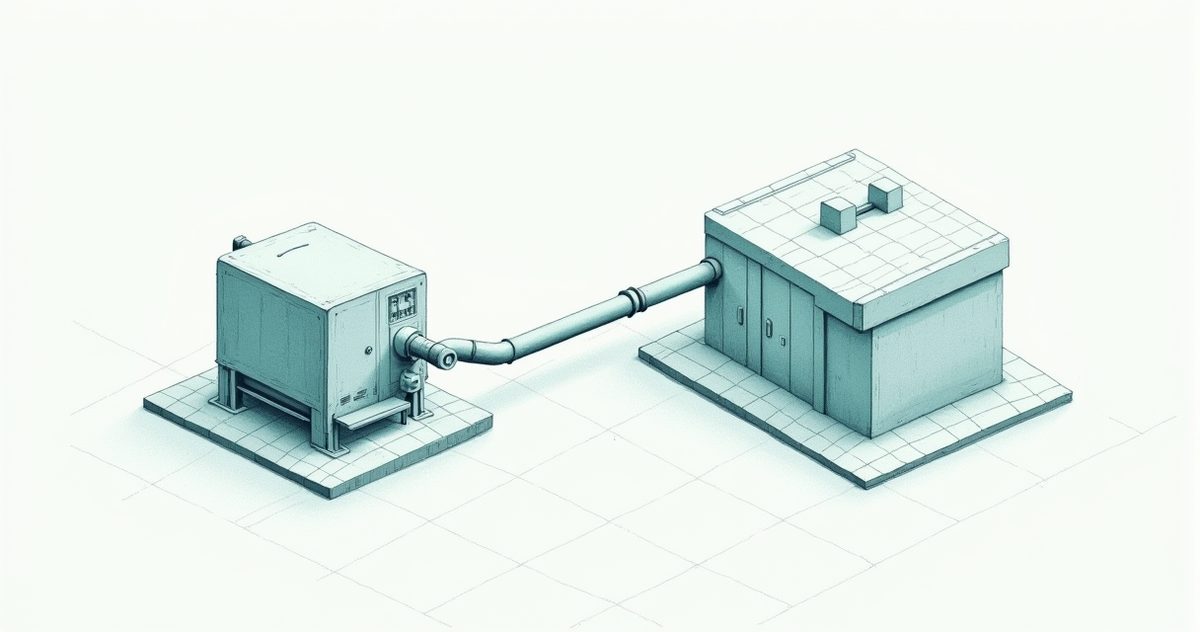 Schematische Darstellung: eine alte Maschine, über eine Leitung verbunden mit einer modernen, leichten Struktur
